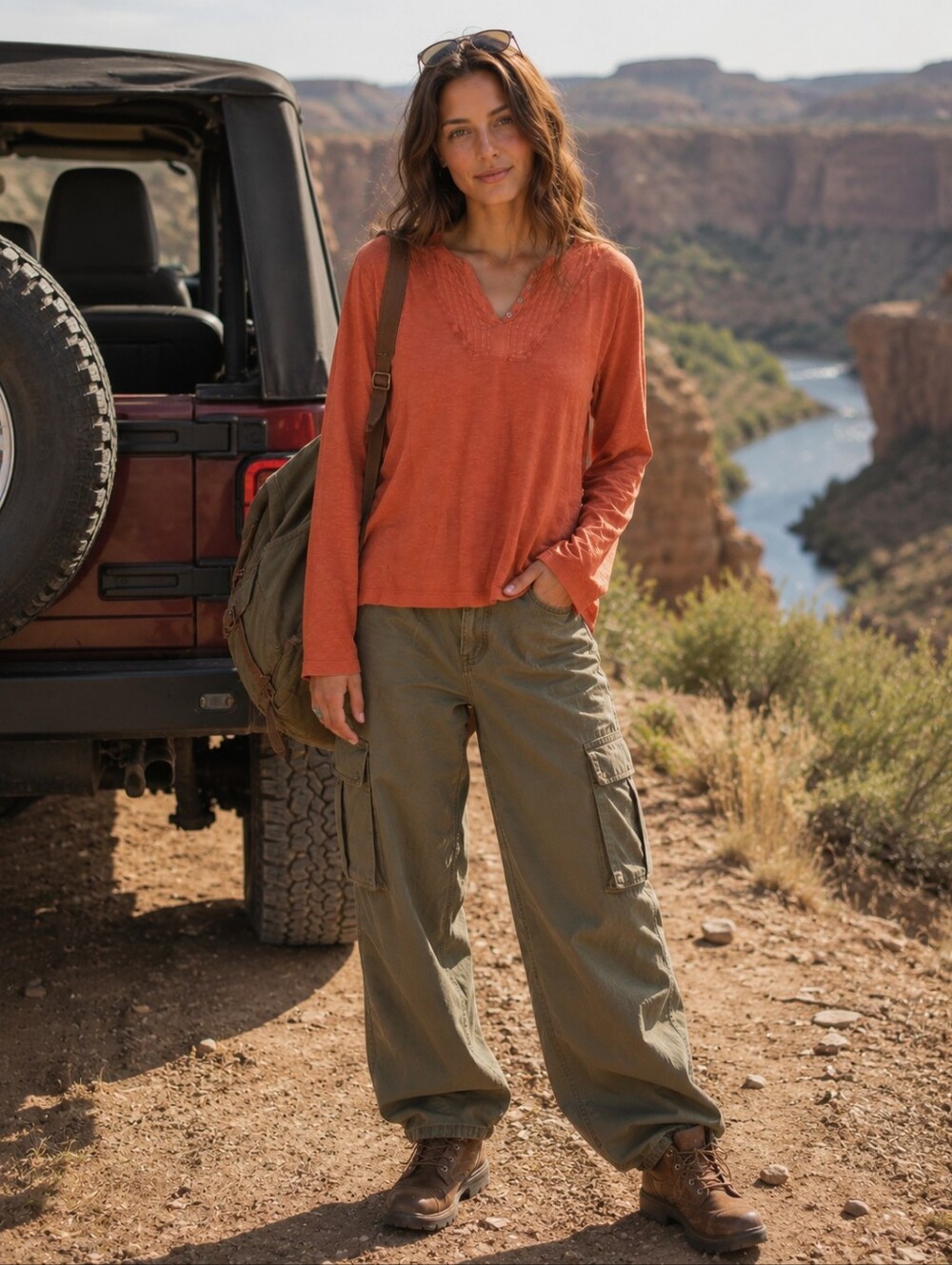 Cabela's Burnt Orange Boho Henley Top | Rustic Western Folk Long Sleeve Shirt